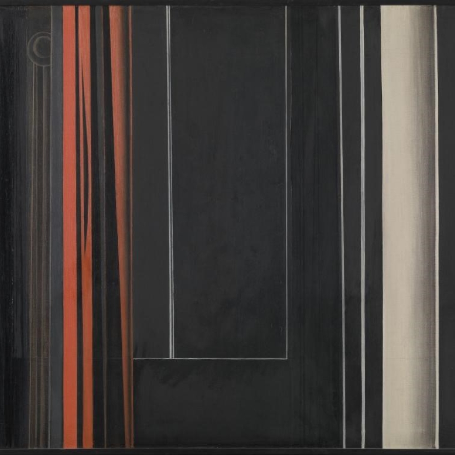 schilderij Luc Peire donkere verticale lijnen zwart rood grijs