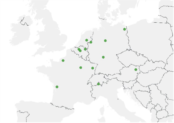 Locatie van de 14 herkomsten in Europa